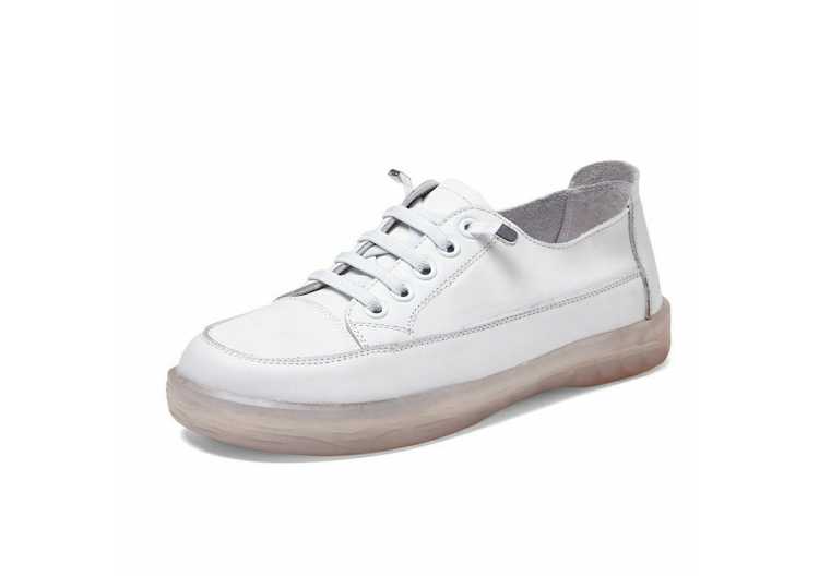 Women's Sneakers 100% Natural Genuine Leather Spring 2021 Retro Soft Soled White Shoes Women Fashion Flat Lace up Loafers Women